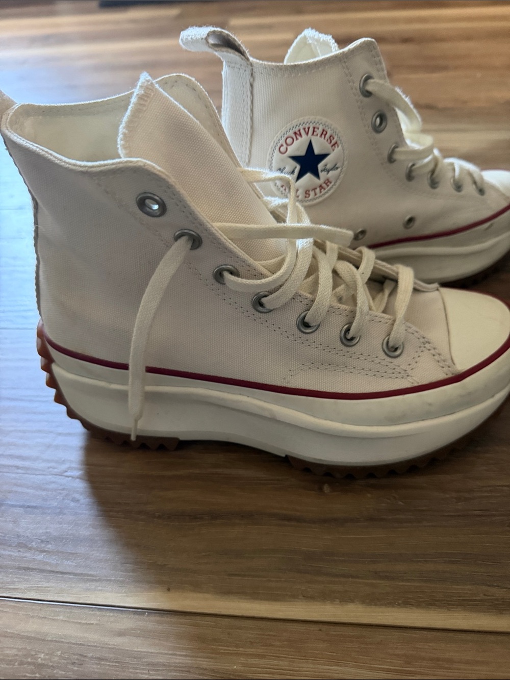 Converse White High-Top Platform Sneakers with Red Stripe